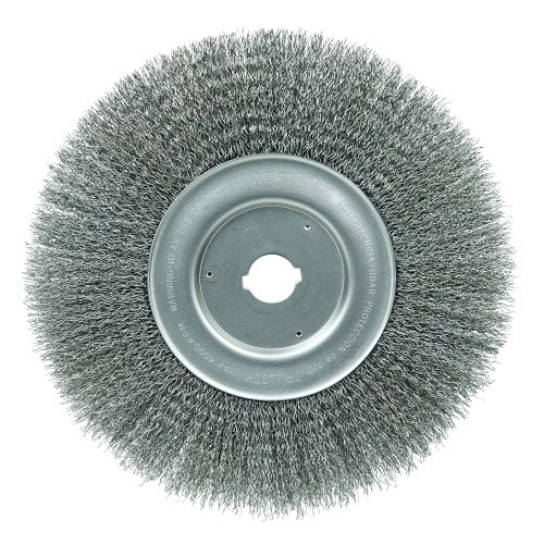 Weiler® 01250-12 Narrow Face Wheel Brush, 10 in Dia Brush, 3/4 in W Face, 0.014 in Dia Crimped Filament/Wire, 1 in Arbor Hole