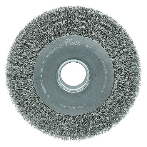 Weiler® 03200 TL-10 Wide Face Wheel Brush, 10 in Dia Brush, 2 in W Face, 0.014 in Dia Filament/Wire Crimped Filament/Wire, 2 in Arbor Hole