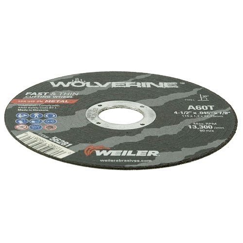 Weiler® Wolverine™ 1021519 Cut-Off Wheel, 4-1/2 in Wheel Dia, 0.045 in Wheel Thickness, 7/8 in Center Hole, 60 Grit, Aluminum Oxide Abrasive