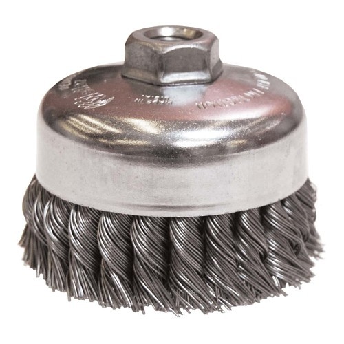 Weiler® 12316 Cup Brush, 4 in Brush Dia, 5/8-11 UNC in Arbor Hole, 0.023 in Filament/Wire Diameter, Knot Wire, Steel Fill