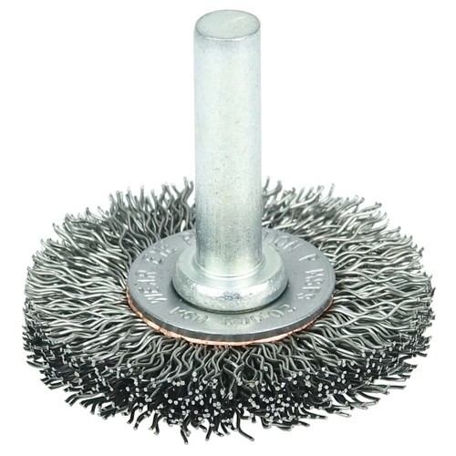 Weiler® 17952 Wheel Brush, 1-1/2 in Brush Dia, 0.0118 in Filament/Wire Diameter, Crimped, Carbon Steel Fill, 1/4 in Shank Dia