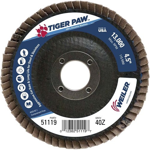 Weiler® Tiger Paw™ 51119 Coated Abrasive Flap Disc, 4-1/2 in Disc Dia, 7/8 in Center Hole, 40 Grit, Coarse Grade, Zirconia Alumina Abrasive, Type 29 Angled Disc