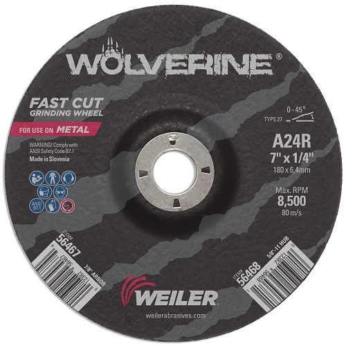 Weiler® Wolverine™ 56467 Grinding Wheel, 7 in Wheel Dia, 1/4 in Wheel Thickness, 7/8 in Center Hole, 24 Grit, Aluminum Oxide Abrasive