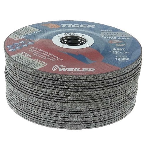 Weiler® Tiger® AO 57041 Cut-Off Wheel, 4-1/2 in Wheel Dia, 0.045 in Wheel Thickness, 7/8 in Center Hole, 60 Grit, Aluminum Oxide Abrasive