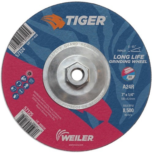 Weiler® Tiger® 57124 Grinding Wheel, 7 in Wheel Dia, 1/4 in Wheel Thickness, 24 Grit, Aluminum Oxide Abrasive