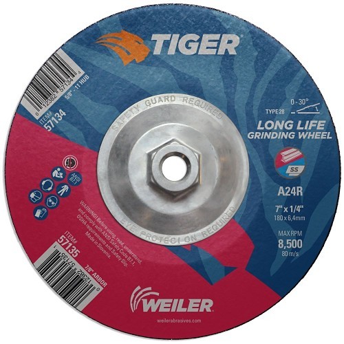 Weiler® Tiger® 57134 Grinding Wheel, 7 in Wheel Dia, 1/4 in Wheel Thickness, 24 Grit, Aluminum Oxide Abrasive