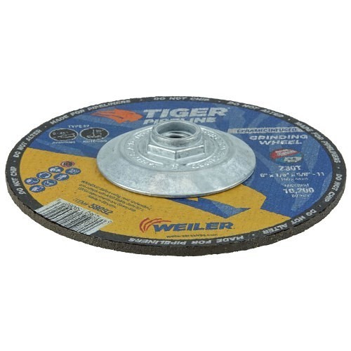 Weiler® Tiger® 58092 Grinding Wheel, 6 in Wheel Dia, 1/8 in Wheel Thickness, 30 Grit, Zirconia Alumina Abrasive