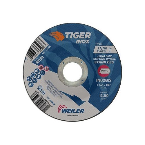 Weiler® Tiger® 58100 Cut-Off Wheel, 4-1/2 in Wheel Dia, 0.045 in Wheel Thickness, 7/8 in Center Hole, 60 Grit, INOX Abrasive