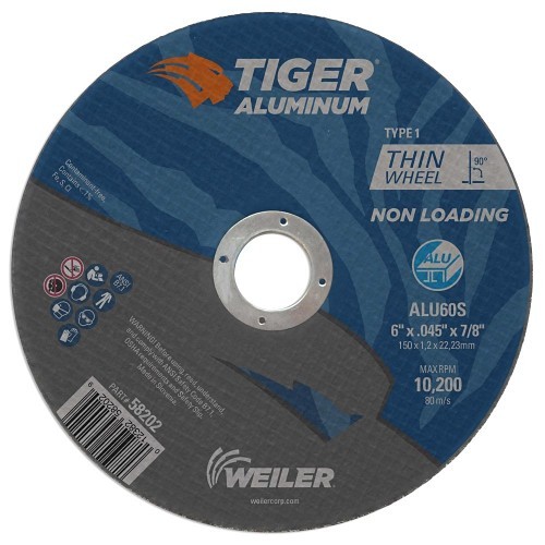 Weiler® Tiger Ceramic 58202 Cut-Off Wheel, 6 in Wheel Dia, 0.045 in Wheel Thickness, 7/8 in Center Hole, 60 Grit, Aluminum Oxide Abrasive