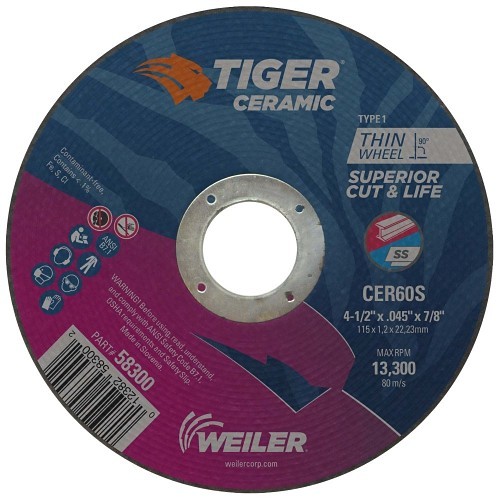 Weiler® Tiger Ceramic 58300 Cut-Off Wheel, 4-1/2 in Wheel Dia, 0.045 in Wheel Thickness, 7/8 in Center Hole, 60 Grit, Ceramic Alumina Abrasive