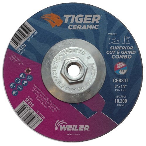 Weiler® Weiler® 58320 Grinding Wheel, 6 in Wheel Dia, 1/8 in Wheel Thickness, 5/8 in Center Hole, 30 Grit, Ceramic Abrasive