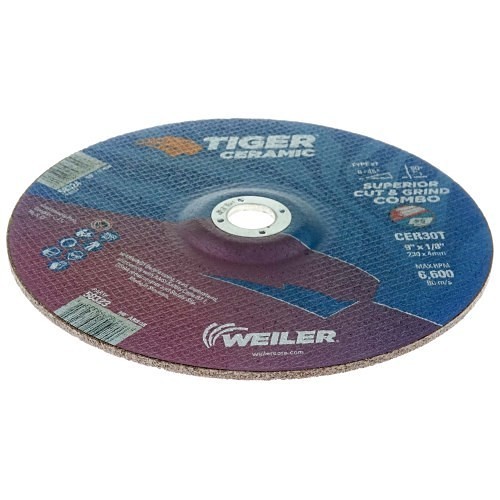 Weiler® Tiger® Ceramic 58323 Cut/Grind Combo Wheel, 9 in Wheel Dia, 1/8 in Wheel Thickness, 7/8 in Center Hole, 30 Grit, Ceramic Abrasive