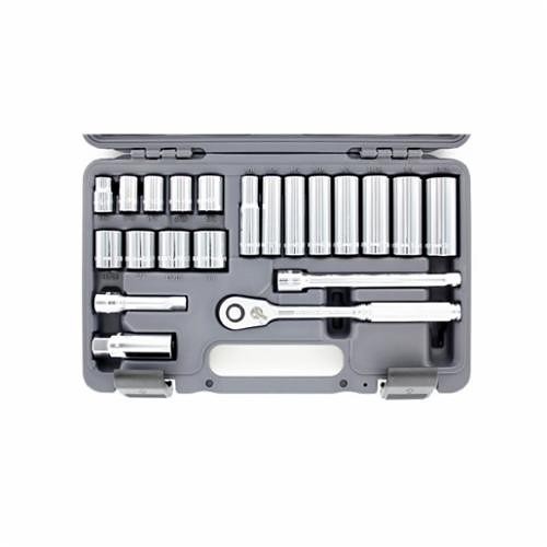 Wright Tool A34 Socket Set, Imperial, 12 Points, 3/8 in Drive, 21 Pieces