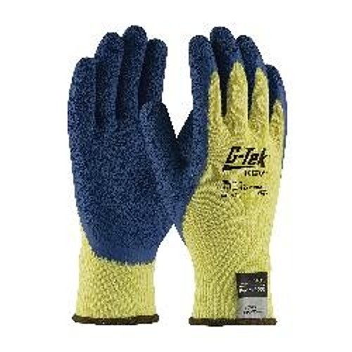 G-Tek® KEV™ 09-K1310/M Cut Resistant Gloves, Medium Weight, Medium, #8, Crinkle Latex Coating, DuPont™ Kevlar® Fiber, Blue/Yellow, Seamless Style, DuPont™ Kevlar® Fiber Lining, Elastic/Knit Wrist Cuff, 10 in Length, ANSI Cut-Resistance Level: A3