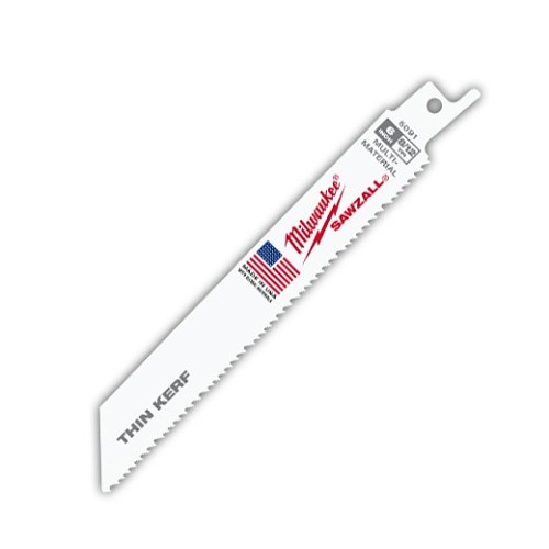 Milwaukee® SAWZALL® 48-00-5091 Straight Back Thin Kerf Reciprocating Saw Blade, 6 in L x 3/4 in W, 8/12 TPI, Bi-Metal Body, Universal/Toothed Edge Tang