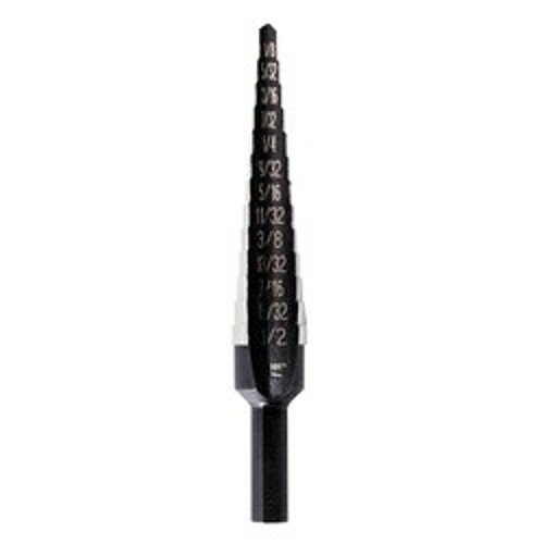 Irwin® Unibit® 10231 Step Drill Bit, 1/8 in Dia Min Hole, 1/2 in Dia Max Hole, 13 Steps, HSS, 13 Hole Sizes, 1/4 in Shank