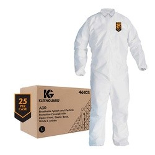 KleenGuard™ 46103 A30 Breathable Disposable Coverall, L, White, SMS Fabric, 28-1/4 in Chest, 40 in L Inseam