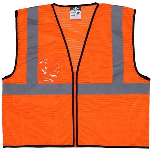 MCR Safety Luminator™ VCL2MOZ Safety Vest, L, Hi-Viz Fluorescent Orange, 2" Silver Reflective Stripes, Polyester Mesh, Zipper Front Closure, 3 Pockets, Class 2, ANSI/ISEA 107, Type R