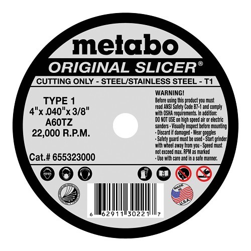 metabo® 655323000 Cut-Off Wheel, 4 in Wheel Dia, 0.04 in Wheel Thickness, 3/8 in Center Hole, 60 Grit, Aluminum Oxide Abrasive