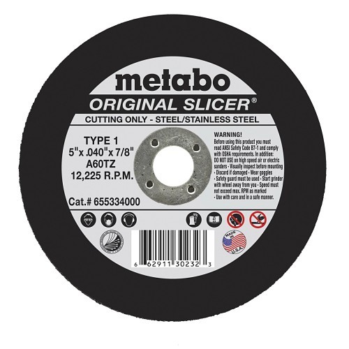 metabo® 655334000 Cut-Off Wheel, 5 in Wheel Dia, 0.04 in Wheel Thickness, 7/8 in Center Hole, 60 Grit, Aluminum Oxide Abrasive