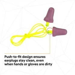 3M™ 247-P2001 Earplug, No-touch Corded, 29 dB Noise Reduction Rating, Push-to-fit foam, Regular, Purple Plug, Purple Cord