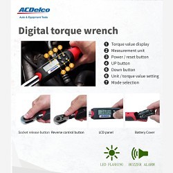 ACDelco ARM601-3 Digital Torque Wrench, 3/8 in Square Drive, 3.7-37 ft-lb, +/-2% CW, +/-3% CCW Accuracy