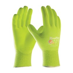 ATG® MaxiFlex® Ultimate™ 34-874FY/S General Purpose Gloves, Coated, S, Microfoam Nitrile Palm, Nylon, Hi-Viz Yellow, Continuous Knit Wrist Cuff, Microfoam Nitrile Coating, Resists: Abrasion, Cut, Puncture and Tear, Nylon/Lycra® Lining