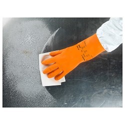 Ansell 87-208 Chemical Resistant Gloves, Large, #9, Natural Latex Rubber, Orange, Cotton Flock, 13 in Length, Resists: Ketones, Salts, Detergents, Alcohols, Alkalies And Fats, Unsupported, Pinked Cuff, 29 mil Thickness