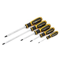 Apex® GEARWRENCH® 80052 Screwdriver Set, Dual Material, SAE, 5 Piece, No Insulated, No Magnetized Tip, #0 X 2-1/2 in, #1 X 3 in, #2 X 4 in,3 X 6 in, #2 X 8 in Phillips Screwdriver Types Included, Alloy Steel, Black Oxide