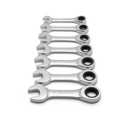 Apex® GEARWRENCH® 9507D Stubby Ratcheting Combination Metric Wrench Set, SAE, 12 Points, 0 deg Offset, Alloy Steel, Full Polish Chrome, No Tether Ready