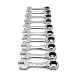 Apex® GEARWRENCH® 9520D Stubby Ratcheting Combination Metric Wrench Set, Metric, 12 Points, 0 deg Offset, Alloy Steel, Full Polish Chrome, No Tether Ready