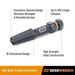 Apex Tool Group GEARWRENCH® GW84786 Bolt Biter™ Screw Extractor Set, 10 Piece, For Use With: ≤ 1/4 in (M5 - M6), 5/16 - 3/8 in (M8 - M10), 7/16 - 1/2 in (M12 - M14), 9/16 - 5/8 in (M14 - M16), 3/4 in (M18 - M20) Screw Size, Alloy Steel