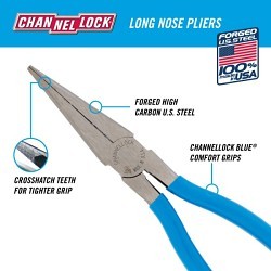 Channellock® Channellock® 3017 Long Nose Plier, Straight Jaw, 3/32 in Jaw Length, 7/8 in Jaw Width, High Carbon Steel Jaw, 8 in Overall Length