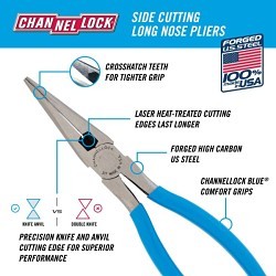 Channellock® Channellock® 317 Long Nose Plier, Straight Jaw, 2-23/64 in Jaw Length, 7/8 in Jaw Width, High Carbon Steel Jaw, 8 in Overall Length, 1/8 in Tip Width, Yes Cutter Included