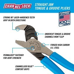 Channellock® Channellock® 424 Tongue and Groove Plier, 0.5 in Nominal Capacity, Straight Jaw, 0.33 in L Jaw, Serrated Jaw Surface, No Insulated Grip, No Non-Sparking, ANSI B107.23 Specifications Met