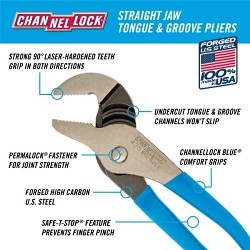 Channellock® 428 Tongue & Groove Plier, 1.5 in Nominal Capacity, Straight Jaw, 1.12 in Jaw, C1080 High Carbon Steel Jaw, Serrated Jaw Surface, No Insulated Grip, No Non-Sparking