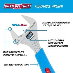 Channellock® Channellock® 8WCB-BULK Adjustable Wrench, 1.54 in Wrench Opening, 8 in Overall Length, Yes Tether Ready, Yes Measurement Scale Included, Vanadium Steel, Chrome Plated