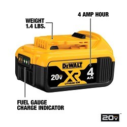 DeWALT® DCB204 XR® Premium Rechargeable Battery Pack, 4 Ah Lithium-Ion Battery, For Use With DeWALT® 20 V Power Tool