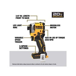 DeWALT® ATOMIC™ DCF850B 3-Speed Brushless Cordless Impact Driver, 1/4 in, 2800 ipm, 1825 in-lb Torque