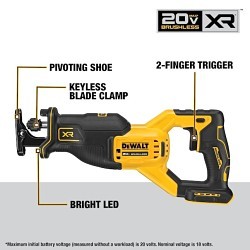 DeWALT® DCK628D2 20V MAX XR® Lithium-Ion Battery Brushless Power Tool Combo Kit, 2 Ah Battery, 1/2 hammer Drill, 1/4 Impact Drive, 6-1/2 Circular Saw, Reciprocating Saw, 3 Speed Oscillating Saw, Work Light, 2 Batteries, Soft Case