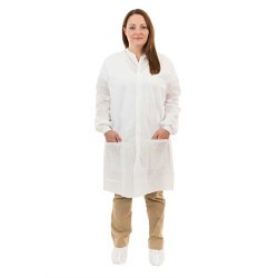 Lab Coat, Surged Seam, Female, 2X-Large, White, Spunbonded-Meltblown-Spunbonded, Snap Closure, 3 Pockets