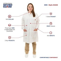 Lab Coat, Surged Seam, Female, 2X-Large, White, Spunbonded-Meltblown-Spunbonded, Snap Closure, 3 Pockets