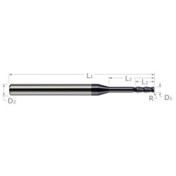 Harvey Tool 876031-C3 Center Cut Standard Length Miniature End Mill, 0.031 in Dia Cutter, 0.01 in Corner Radius, 3/32 in Length of Cut, (4) Flutes, 1/8 in Dia Shank, 1-1/2 in OAL, AlTiN