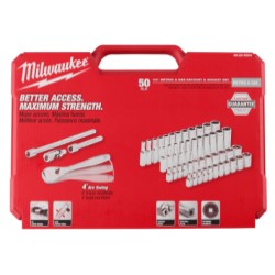 Milwaukee® 48-22-9004 Ratchet and Socket Set, Case Tool Storage, 4 deg Arc Swing, 1/4 in Drive, 50 Pieces, Steel