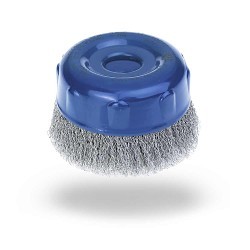 JAZ® 73030 Cup Brush, 3 in Brush Diameter, 5/8 in-11 Arbor Hole, 0.012 in Filament/Wire Diameter, Crimped Filament/Wire, Stainless Steel Fill