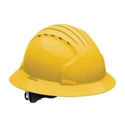 JSP® 280-EV6161-20 Evolution® 6161 Deluxe Full Brim Non-Vented Hard Hat, SZ 6-5/8 Fits Mini Hat, SZ 8 Fits Max Hat, HDPE, 6-Point Suspension, ANSI Electrical Class Rating: Class E, ANSI Impact Rating: Type I, Wheel Ratchet Adjustment