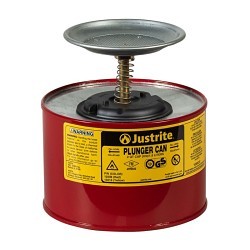 Justrite® 10208 Plunger Can, 2 qt, 24 ga Premium Coated Steel, Red, Brass Plunger, Dasher Plate Diameter: 5 in