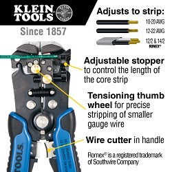 Klein® 11061 Self-Adjusting Wire Stripper/Cutter, 10-20 AWG Solid, 12-22 AWG Stranded