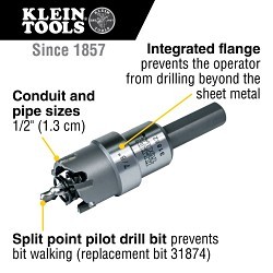 Klein® 31852 Hole Cutter, 7/8 in Dia, Applicable Materials: Stainless Steel, Mild Steel, Iron, Copper and Brass