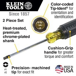 Klein® 32378 Screwdriver Set, SAE, 2 Piece, No Insulated, #1 and #2 combination tip Screwdriver Types Included, Alloy Steel, Chrome Plated